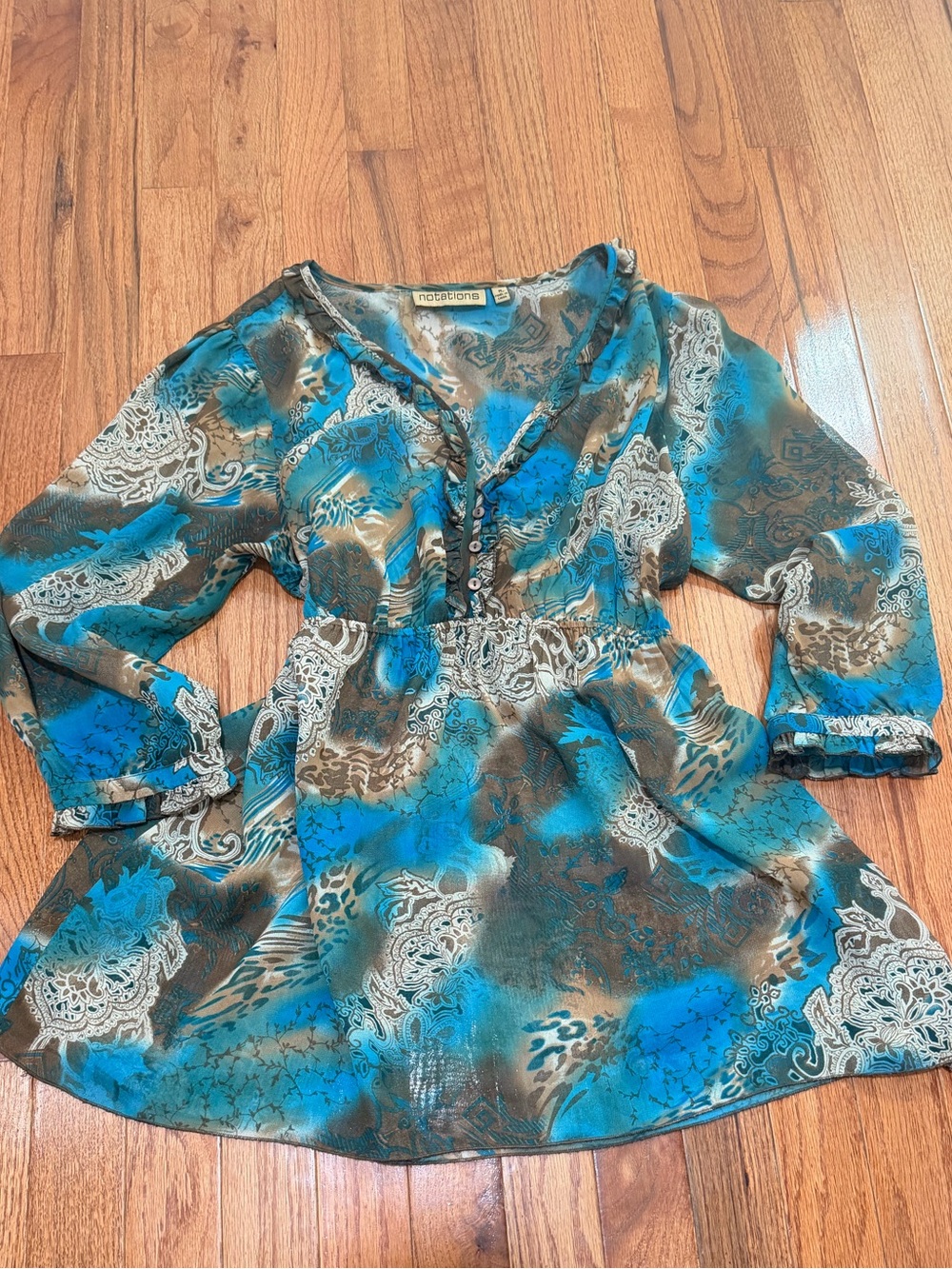 Vintage Notations Teal Blue and Brown Printed V-Neck Babydoll Tunic Blouse